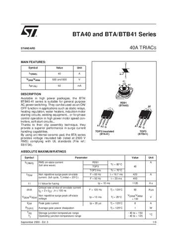 STMicroelectronics BTA40-600B Thyristor (SCR) - TRIAC RD91 40A 600V