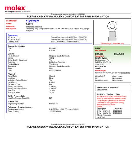 Molex 190720073 Ringkabelschuh Loch-Ø=5mm Bulk