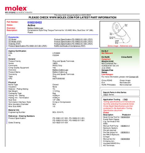 Molex 192210422 Ringkabelschuh Loch-Ø=6mm Bulk