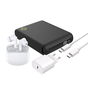 Cazy Powerbank 20.000mAh 22.5W + Draadloze Oordopjes met Noise Cancelling + 20W USB-C Lader + USB-C Kabel 75cm