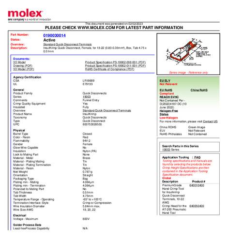 Molex 190030014 Flachsteckhülse Steckbreite: 4.75mm Steckdicke: 0.51mm Bulk