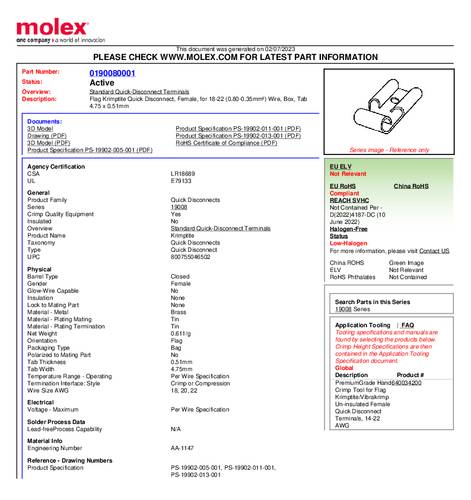 Molex 190080001 Flachsteckhülse Steckbreite: 4.75mm Steckdicke: 0.51mm Bulk