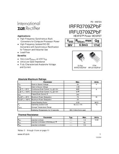 infineontechnologies Infineon Technologies IRFR3709ZPBF-GURT MOSFET 1 N-Kanal 79W TO-252AA