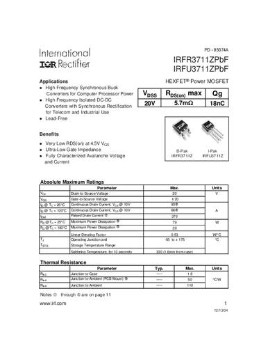 infineontechnologies Infineon Technologies IRFR3711ZPBF-GURT MOSFET 1 N-Kanal 78W TO-252AA