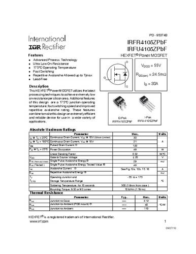 Infineon Technologies IRFR4105ZPBF-GURT MOSFET 1 N-kanaal 48 W TO-252AA