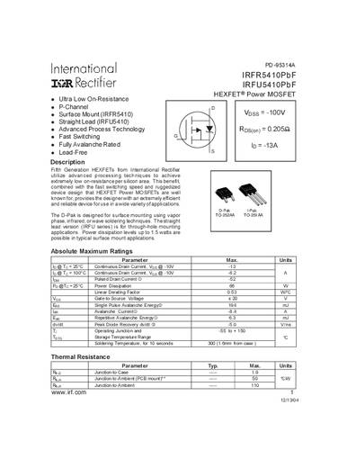 infineontechnologies Infineon Technologies IRFR5410PBF-GURT MOSFET 1 P-Kanal 66W TO-252AA