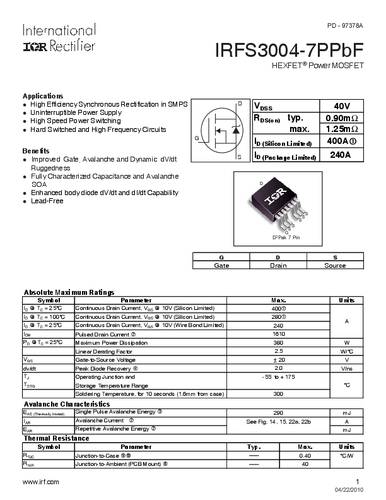 infineontechnologies Infineon Technologies IRFS3004-7PBF-GURT MOSFET 1 N-Kanal 380W D2PAK