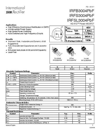 infineontechnologies Infineon Technologies IRFS3004PBF-GURT MOSFET 1 N-Kanal 380W D2PAK