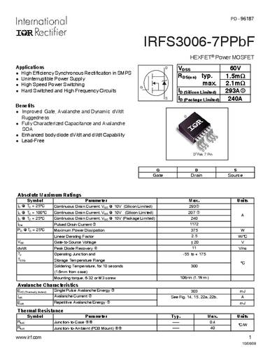 infineontechnologies Infineon Technologies IRFS3006-7PBF-GURT MOSFET 1 N-Kanal 375W D2PAK