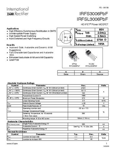 infineontechnologies Infineon Technologies IRFS3006PBF-GURT MOSFET 1 N-Kanal 375W D2PAK