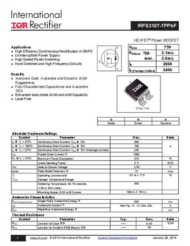 infineontechnologies Infineon Technologies IRFS3107-7PBF-GURT MOSFET 1 N-Kanal 370W D2PAK