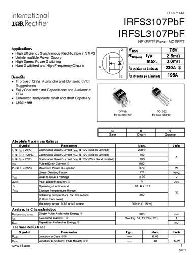 infineontechnologies Infineon Technologies IRFS3107PBF-GURT MOSFET 1 N-Kanal 370W D2PAK