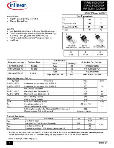infineontechnologies Infineon Technologies IRFS38N20DPBF-GURT MOSFET 1 N-Kanal 300W D2PAK