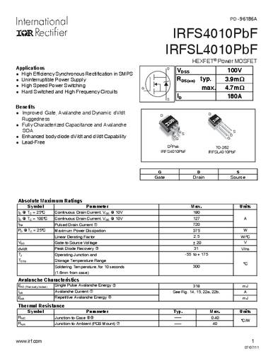 infineontechnologies Infineon Technologies IRFS4010PBF-GURT MOSFET 1 N-Kanal 375W D2PAK