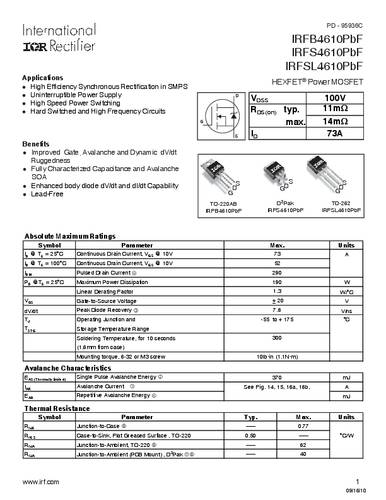 infineontechnologies Infineon Technologies IRFS4610PBF-GURT MOSFET 1 N-Kanal 190W D2PAK
