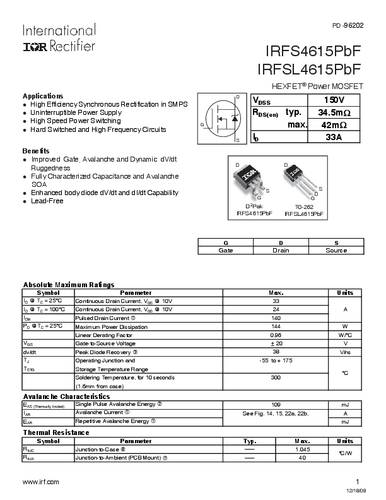 infineontechnologies Infineon Technologies IRFS4615PBF-GURT MOSFET 1 N-Kanal 144W D2PAK