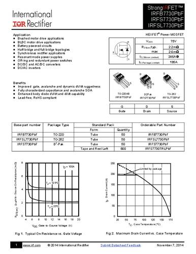 infineontechnologies Infineon Technologies IRFS7730PBF-GURT MOSFET 1 N-Kanal 375W D2PAK