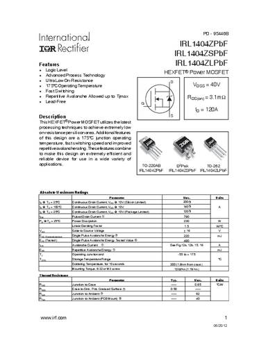infineontechnologies Infineon Technologies IRL1404ZSPBF-GURT MOSFET 1 N-Kanal 230W D2PAK