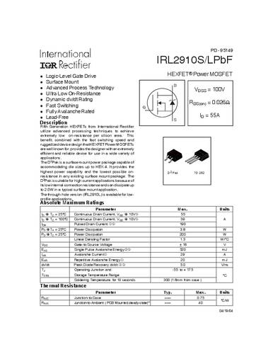 infineontechnologies Infineon Technologies IRL2910SPBF-GURT MOSFET 1 N-Kanal 200W D2PAK