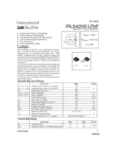 infineontechnologies Infineon Technologies IRL540NSPBF-GURT MOSFET 1 N-Kanal 140W D2PAK