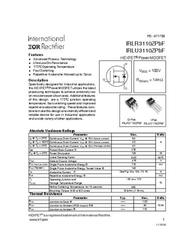 infineontechnologies Infineon Technologies IRLR3110ZPBF-GURT MOSFET 1 N-Kanal 140W TO-252AA