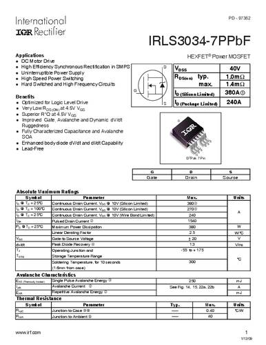 infineontechnologies Infineon Technologies IRLS3034-7PBF-GURT MOSFET 1 N-Kanal 380W D2PAK