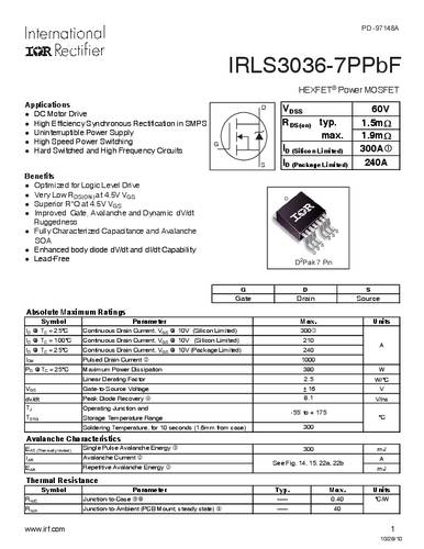 infineontechnologies Infineon Technologies IRLS3036-7PBF-GURT MOSFET 1 N-Kanal 380W D2PAK