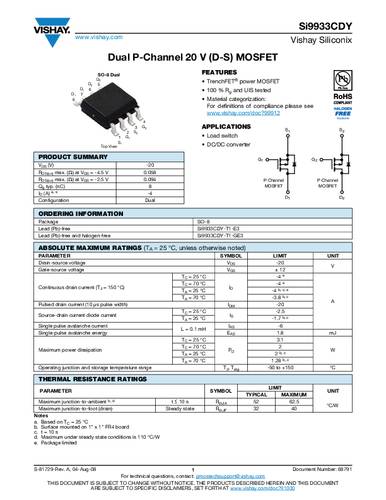 Vishay SI9933CDY-T1-GE3 MOSFET 2 P-kanaal 2.0 W SOIC-8 Tape on Full reel