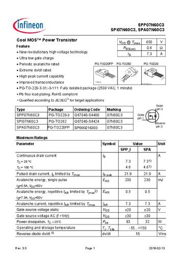 infineontechnologies Infineon Technologies SPA07N60C3 MOSFET 1 N-Kanal 32W TO-220-FULLPAK