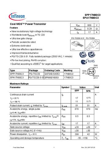 infineontechnologies Infineon Technologies SPA17N80C3 MOSFET 1 N-Kanal 42W TO-220-FULLPAK