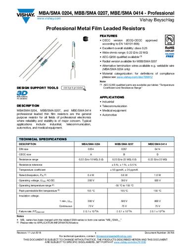 Vishay MBA02040C1803FCT00 Metallschicht-Widerstand 180kΩ axial bedrahtet 0.40W 1% Tape