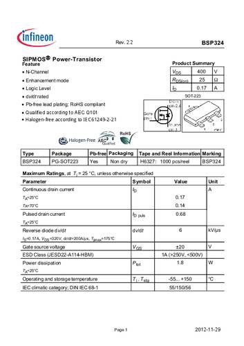 infineontechnologies Infineon Technologies BSP324 MOSFET 1 N-Kanal 1.8W SOT-223