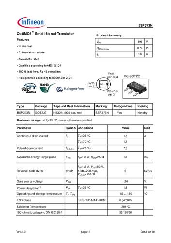 infineontechnologies Infineon Technologies BSP373N MOSFET 1 N-Kanal 1.8W SOT-223