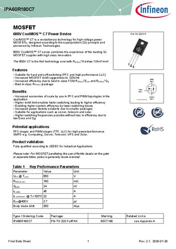 infineontechnologies Infineon Technologies IPA60R180C7 MOSFET 1 N-Kanal 29W TO-220-FULLPAK