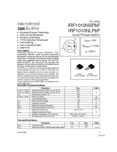 infineontechnologies Infineon Technologies IRF1010NSPBF-GURT MOSFET 1 N-Kanal 180W D2PAK