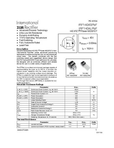 infineontechnologies Infineon Technologies IRF1404SPBF-GURT MOSFET 1 N-Kanal 200W D2PAK