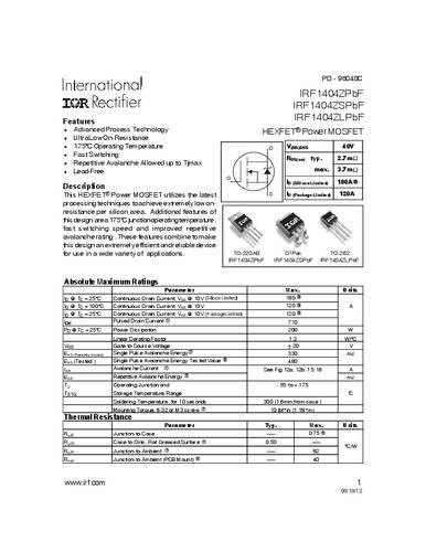 infineontechnologies Infineon Technologies IRF1404ZSPBF-GURT MOSFET 1 N-Kanal 200W D2PAK