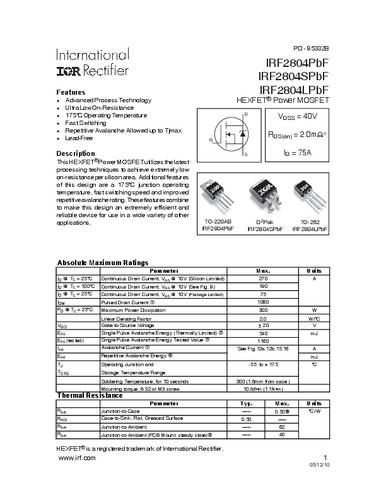 infineontechnologies Infineon Technologies IRF2804SPBF-GURT MOSFET 1 N-Kanal 300W D2PAK