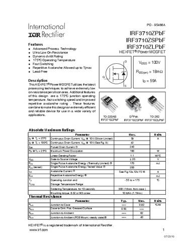 infineontechnologies Infineon Technologies IRF3710ZSPBF-GURT MOSFET 1 N-Kanal 160W D2PAK