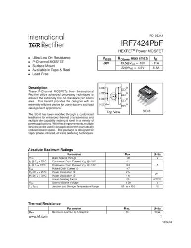 infineontechnologies Infineon Technologies IRF7424PBF-GURT MOSFET 1 P-Kanal 2.5W SO-8