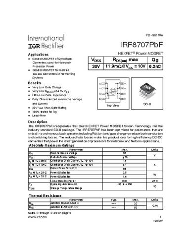 infineontechnologies Infineon Technologies IRF8707PBF-GURT MOSFET 1 N-Kanal 2.5W SO-8