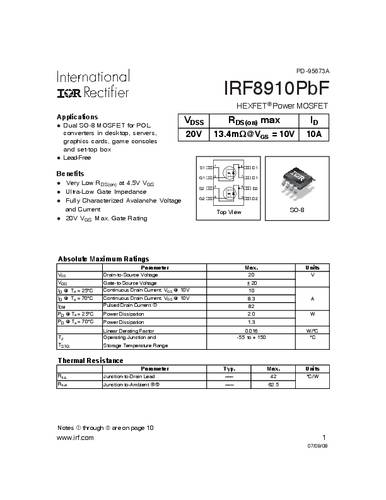 infineontechnologies Infineon Technologies IRF8910PBF-GURT MOSFET 1 N-Kanal 2.0W SO-8