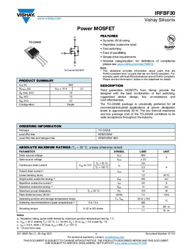 Vishay IRFBF30PBF MOSFET 1 N-Kanal 125W TO-220AB Tube