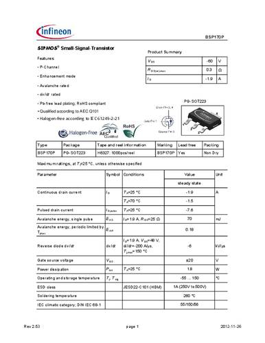 infineontechnologies Infineon Technologies BSP170P MOSFET 1 P-Kanal 1.8W SOT-223