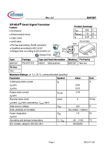 infineontechnologies Infineon Technologies BSP297 MOSFET 1 N-Kanal 1.8W SOT-223