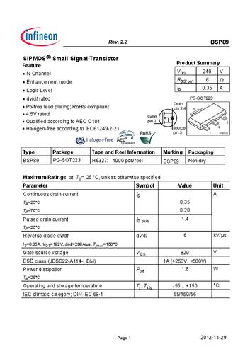 infineontechnologies Infineon Technologies BSP89 MOSFET 1 N-Kanal 1.8W SOT-223