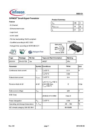 infineontechnologies Infineon Technologies BSS131 MOSFET 1 N-Kanal 0.36W SOT-23