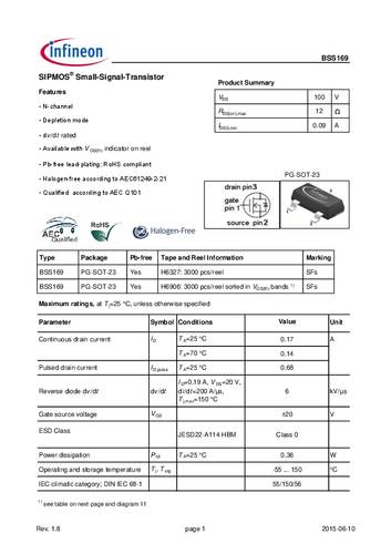 infineontechnologies Infineon Technologies BSS169 MOSFET 1 N-Kanal 0.36W SOT-23