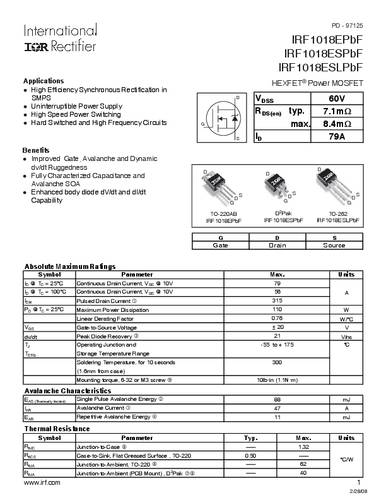 infineontechnologies Infineon Technologies IRF1018ESPBF-GURT MOSFET 1 N-Kanal 110W D2PAK