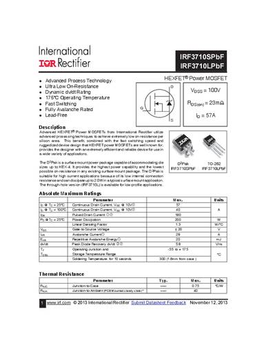 infineontechnologies Infineon Technologies IRF3710SPBF-GURT MOSFET 1 N-Kanal 200W D2PAK